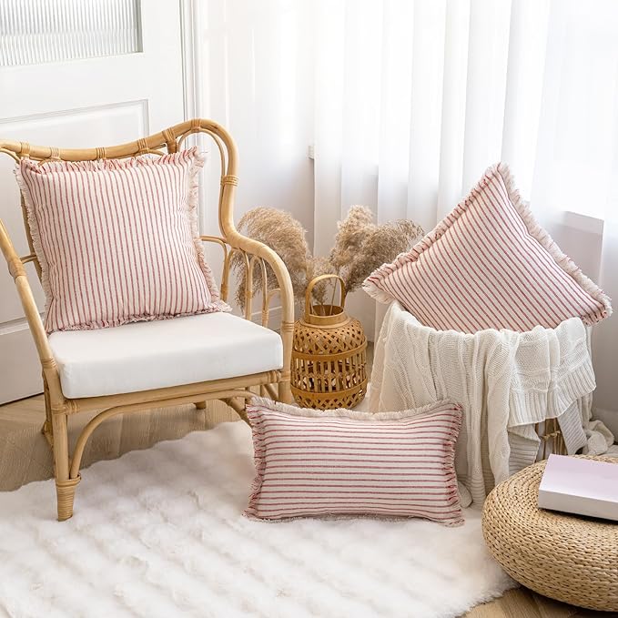 Throw Pillow Covers 22x22 Set of 2 Striped Fringe Pillow Cover Farmhouse Cushion Covers with Tassel Neutral Boho Pillows Decorative Square Pillowcase for Couch Sofa Bed, Red