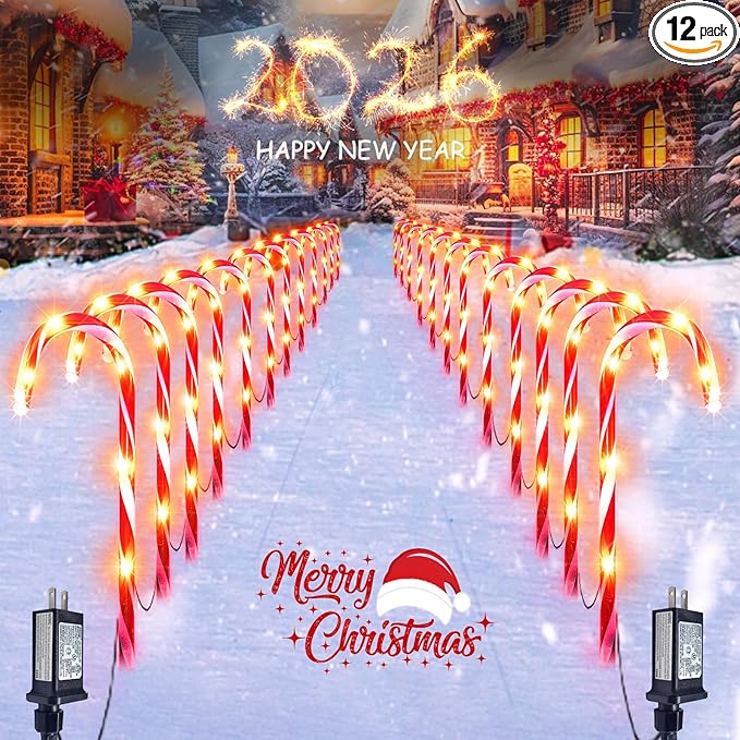 24 Pack Christmas Candy Cane Lights, Christmas Decorations Outdoor Waterproof with 8 Lighting Modes & Memory Function, Plug in Pathway Light for Outside Path Walkway Party Garden Yard Patio Xmas Decor