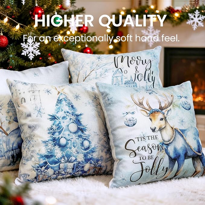 Christmas Throw Pillow Covers 18x18 Set of 4,Merry Christmas Tree Reindeer Sleigh Snowman Blue and White Xmas Winter Holiday Decorative Pillowcase Farmhouse Home Decor for Sofa Couch Cushion