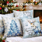 Christmas Throw Pillow Covers 16x16 Set of 4,Merry Christmas Tree Reindeer Sleigh Snowman Blue and White Xmas Winter Holiday Decorative Pillowcase Farmhouse Home Decor for Sofa Couch Cushion