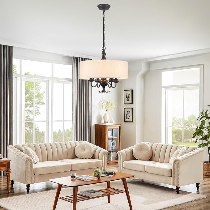 Drum Chandelier, 17.71” Farmhouse Chandeliers for Dining Room 4-Light with White Linen Drum Shade, Adjustable Height Round Chandelier Hanging Light for Kitchen Living Room Bedroom, UL-Listed