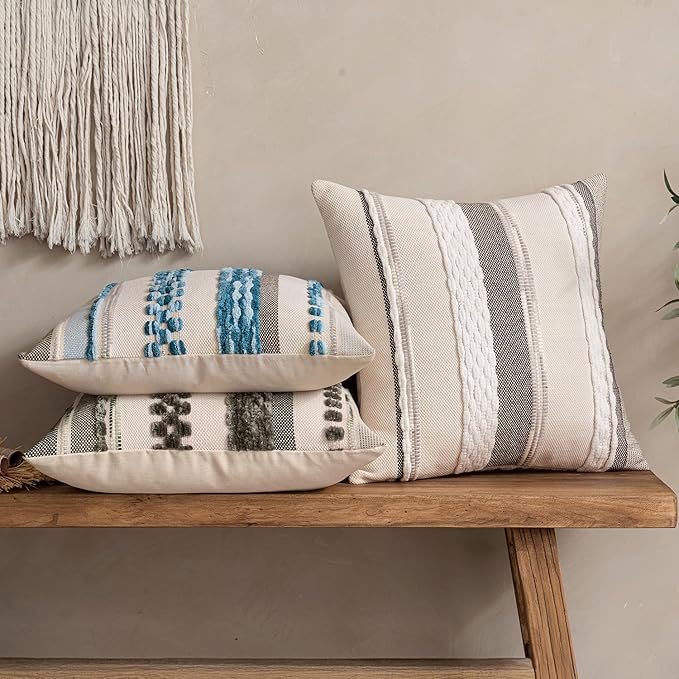 ANRODUO Pack of 2 Boho Decorative Throw Pillow Covers 18x18 Farmhouse Cushion Case Striped Chenille Pillow Cases Square Pillow Covers Accent Neutral Pillowcase for Sofa Couch Bed Fall, White Stripe