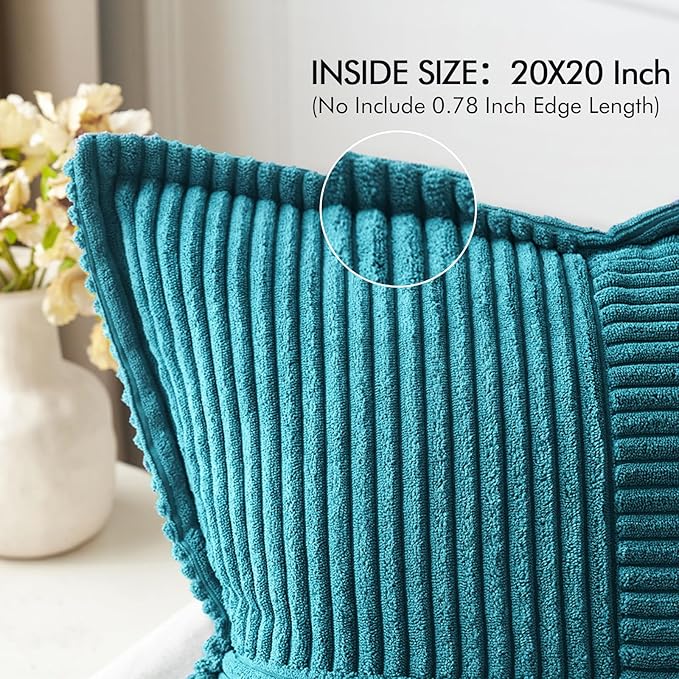MIULEE Decorative Throw Pillow Covers for Couch Bed Livingroom 20x20 Inch Set of 2 Teal Blue Boho Accent Throw Pllows Broadside Striped Patchwork Soft Corduroy Summer Coastal Pillowcases