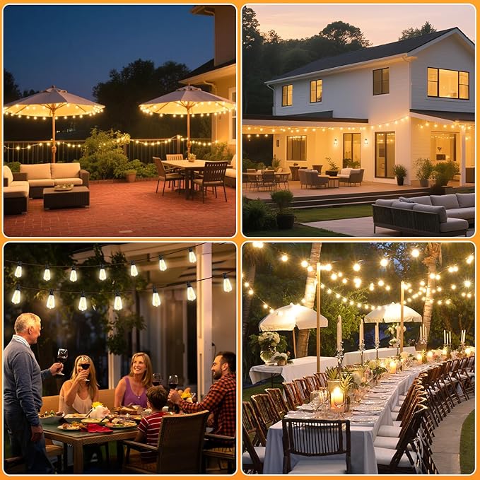 Solar String Lights Outdoor Waterproof 100FT with Remote and 52 ST38 LED Shatterproof Edison Bulbs, Timer, Dimmable Solar Patio String Lights with USB Charging for Backyard, Garden, Camping, Weddings