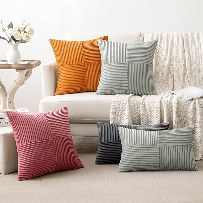 MIULEE Fall Burnt Orange Corduroy Pillow Covers Pack of 2 Boho Decorative Spliced Throw Pillows Soft Cross Patchwork Textured Covers Pillowcases Home Decor for Couch Living Room Bed Sofa 16x16 inch