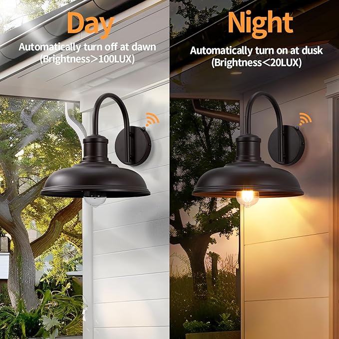 12'' Dusk to Dawn Outdoor Gooseneck Barn Light, 2-Pack Farmhouse Exterior Wall Mount Light Fixture - Industrial Brown for Porch, Entryway, Garage