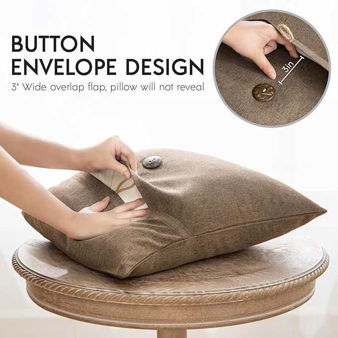 Phantoscope Pack of 2 Farmhouse Throw Pillow Covers Premium Coconut Button Vintage Linen Solid Decorative Pillow Cover for Couch Bed and Chair Coffee 18 x 18 inches 45 x 45 cm