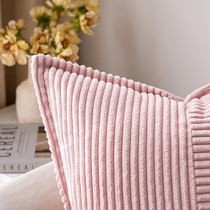 MIULEE Decorative Throw Pillow Covers for Couch Bed Livingroom 20x20 Inch Set of 2 Pink Boho Accent Throw Pllows Broadside Striped Patchwork Soft Corduroy Pillowcases