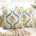 Adabana Embroidered Pillow Cover Set of 2 Farmhouse Decorative Floral Throw Pillow Covers 18x18 inch for Couch Sofa Bed Living Room Decor Green and Yellow
