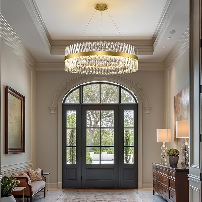 Modern Crystal Chandeliers for Living Room, 40 Inch Large Gold Crystal Chandeliers for Dining Room, Luxury LED Round Foyer Chandelier for High Ceiling Entryway Brass Chandelier Pendant Ceiling Light