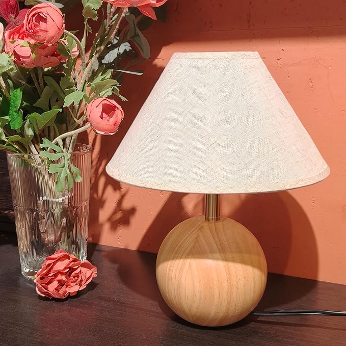 Table Lamp for Living Room,Wood Base Flaxen Fabric Shade Desk Lamp for Bedroom,Small Décor Ambient Bedside Lamps for Night Stands,LED Bulb (not Included)