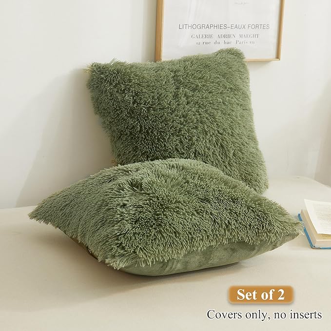 XeGe Faux Fur Throw Pillow Covers, Luxury Fluffy Plush Pillow Shams, Shaggy Decorative Pillow Cushion Cover for Sofa Bed Couch with Zipper Closure, Pack of 2 (18''x18'', Sage Green)
