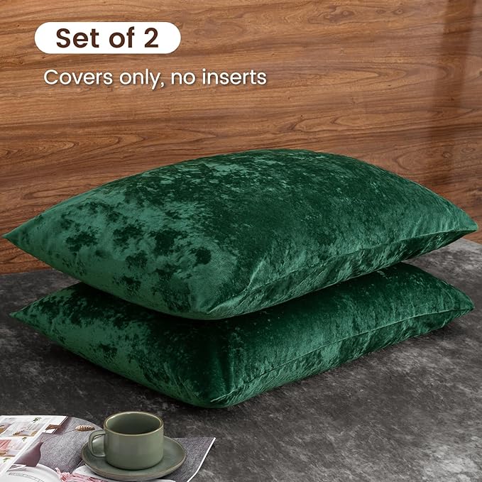 PHF Truly Velvet Pillowcases Standard Size, No Insert, 2 Pack Ultra Soft Breathable Pillow Shams Covers with Envelope Closure, 20" X 26" Luxury Cozy Warm Fuzzy Flannel, Emerald Green