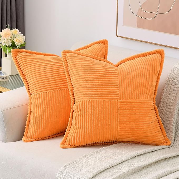 HAUSSY Orange Large Decorative Throw Pillow Covers 26x26 Inch Set of 2,Soft Solid Corduroy Striped Cushion Case,Square Euro Pillow Shams,Winter Home Decorations for Couch,Bed