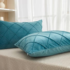 JAUXIO Diamond Pinch Pleated Crystal Velvet Pillowcases 2 Pack Solid Pintuck Throw Cushion Cover for Home Decor Hidden Zipper Closure (Teal Blue, King)