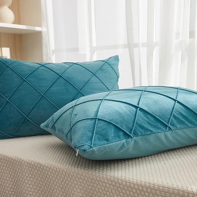 JAUXIO Diamond Pinch Pleated Crystal Velvet Pillowcases 2 Pack Solid Pintuck Throw Cushion Cover for Home Decor Hidden Zipper Closure (Teal Blue, King)