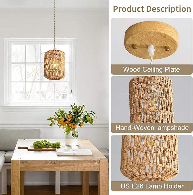2-Light Rattan Pendant Light, Boho Light Fixture for Dining Room, Small Wicker Light Fixture, Rattan Chandelier Woven Hanging Light, for Kitchen Island Bedroom Hallway, ETL Listed