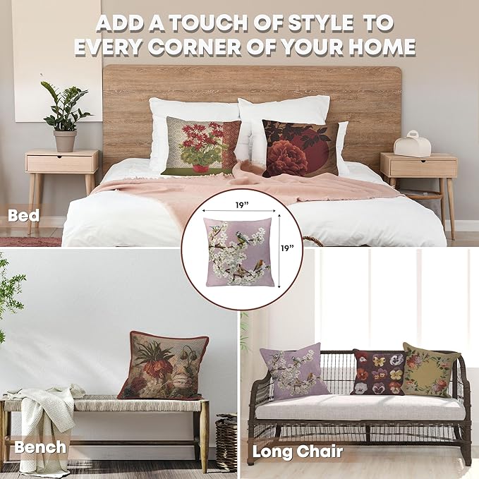 Charlotte Home Furnishings Floral Decorative Throw Pillow Cover 19x19 in, Passerines French Country Couch Pillow Case, Home Decor Cozy Tapestry Cushion Cover, European Cotton Jacquard Woven