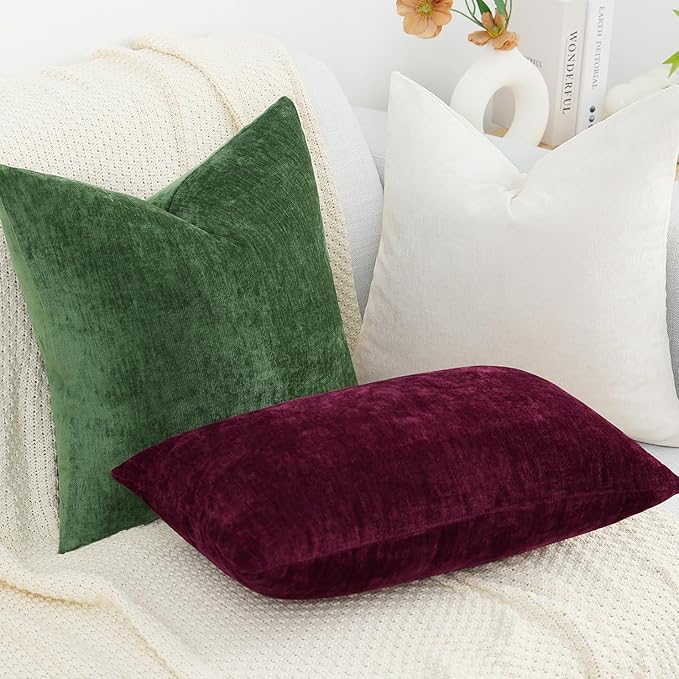 decorUhome Chenille Burgundy Christmas Throw Pillow Covers 18x18 Inch Set of 2, Decorative Soft Couch Pillow Covers Solid Dyed Accent Velvet Farmhouse Neutral Square Pillow Cases for Sofa Living Room