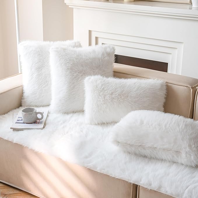 Neelvin Cream White Faux Fur Cozy Fluffy Double-Sided Decorative Throw Pillow Covers 18x18 inch Set of 2,Velvet Pillowcase Cushion Case for Sofa Couch