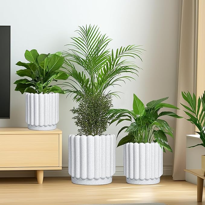 Ceramic Planters for Indoor Plants - 7.6 Inch Ceramic Plant Pots Outdoor, Round Flower Pots with Drainage Hole, Fluted Modern Planter, Room House Decor, Gifts for Plant Lovers, White