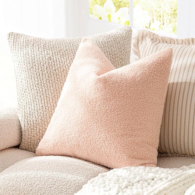 Foindtower Pack of 2, Curly Faux Fur Decorative Throw Pillow Covers Soft Fuzzy Plush Cushion Case with Zipper Cozy Pillowcase for Home Living Room Couch Bed Sofa 22 x 22 Inch, Light Pink