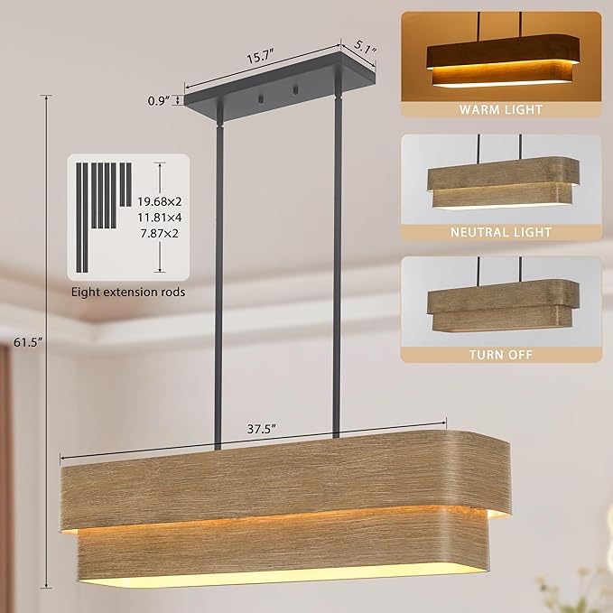 37.5 Inch Farmhouse Kitchen Island Lighting 4-Light Rectangle Dining Room Light Fixture Large Linear Chandelier with Wood Grain Finish for Dining Room Kitchen Bar Pool Table