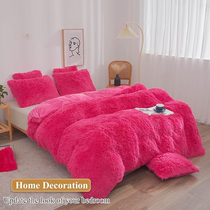 XeGe Faux Fur Fluffy Pillow Cases, Soft Plush Shaggy Furry Hot Pink Pillowcases, Velvet Fuzzy Decorative Throw Pillow Covers for Bed Couch, Zipper Closure, Set of 2(Standard Size, Hot Pink)
