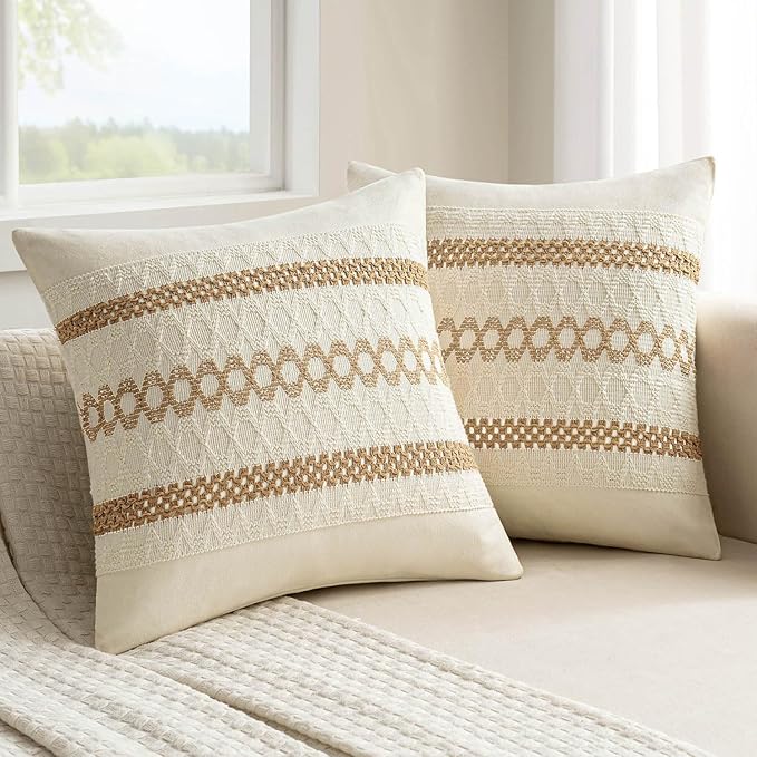 MIULEE Set of 2 Neutral Boho Decorative Pillow Covers 16x16 Inch Farmhouse Rustic Couch Throw Pillows Modern Cotton Cushion Covers Retro Cute Macrame Woven Home Decor for Bed Sofa Chair