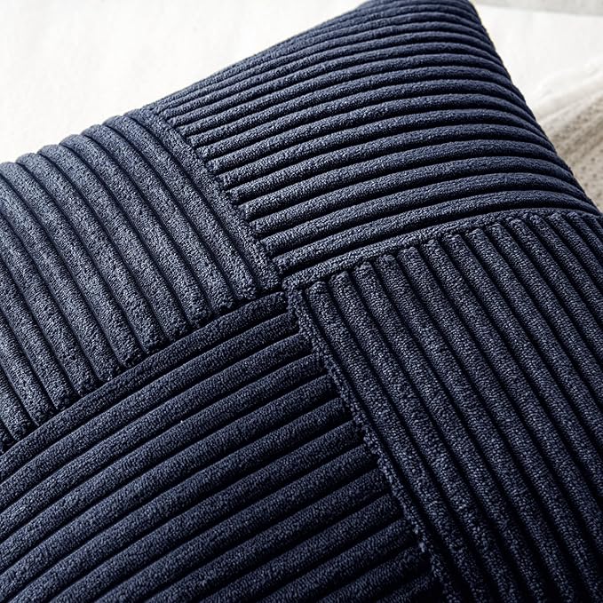 MIULEE Dark Blue Corduroy Pillow Covers Pack of 2 Boho Decorative Spliced Throw Pillow Covers Soft Solid Couch Pillowcases Cross Patchwork Textured Cushion Covers for Living Room Bed Sofa 18x18 inch