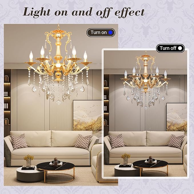Luxury Gold Crystal Chandelier, 24" Vintage K9 Crystal Pendant Light with 6 Lights, Antique Brass Finish Ceiling Light Fixture with Scrolled Arms for Dining Room Living Room Foyer Villa Hotel