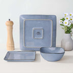 Herogo 12-Piece Square Stoneware Dinnerware Set for 4, Dinner Plates and Bowls Sets, Double Reactive Glaze Dishware Place Setting for Kitchen, Scratch Resistant, Microwave Safe, Haze Blue
