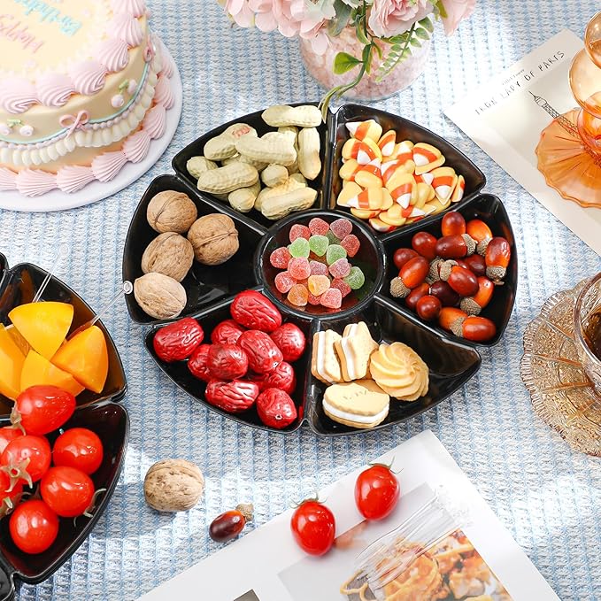 Zhehao 6 Pcs Plastic Divided Serving Trays with 60 Pcs Disposable Fork, 7 Compartments Round Chip Dip Plate, Petal Shape Platter, 10.6'' Snacks Serving Dish for Party Candy Nuts Fruits (Black)