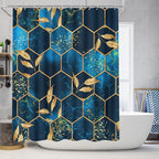 4 Pcs Bathroom Shower Curtain Set, Includes Bath Mat,U Shape Mat and Toilet Lid Cover, 12 Hooks, Black & Blue Honeycomb Marble with Gold Leaves Design, 70.8x70.8 Inches, Waterproof Fabric.