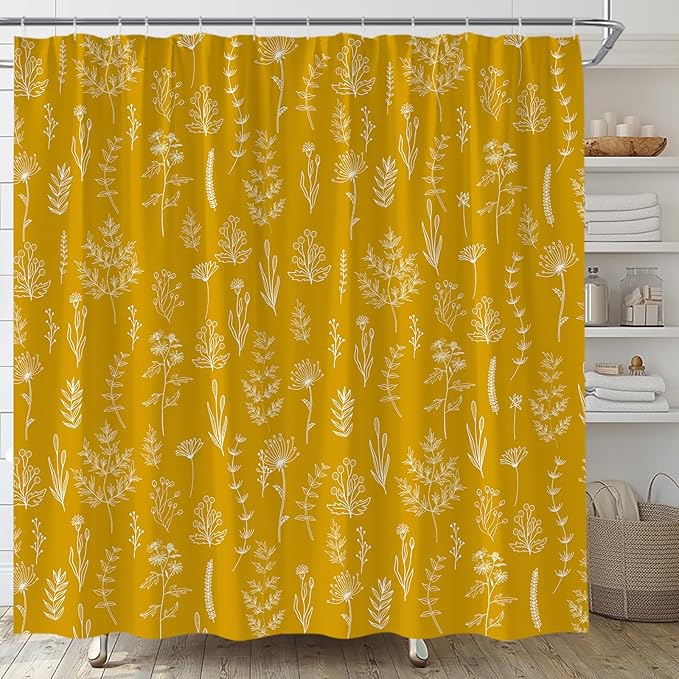 Yellow Herbs Shower Curtain Boho Floral Retro Botanical Vintage Farmhouse Cute Leaves Plant Flowers Bathroom Curtain Set with Hooks(59" Wx70 H)