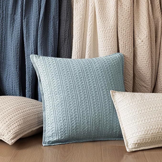 Foindtower Set of 2 Decorative Cotton Waffle Weave Throw Pillow Covers Euro Shams Cushion Covers Accent European Pillowcase for Bed Couch Sofa Bedroom Living Room Home Decor 18×18 Inch Light Blue
