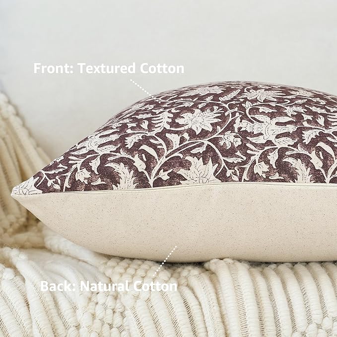 Floral Throw Pillow Covers 20x20 Farmhouse Block Print Pillow Covers Decorative Pillow Covers Couch Pillows for Living Room Vintage Accent Sofa Pillows Set of 2, Burgundy