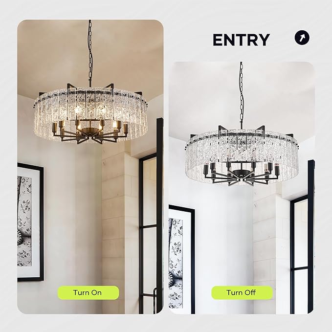 Black Crystal Chandeliers for Dining Room 10-Light, 29.5” Modern Water Ripple Glass Light Fixture, Farmhouse Round Lighting for Kitchen Island, Bar Table