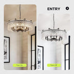 Black Crystal Chandeliers for Dining Room 10-Light, 29.5” Modern Water Ripple Glass Light Fixture, Farmhouse Round Lighting for Kitchen Island, Bar Table