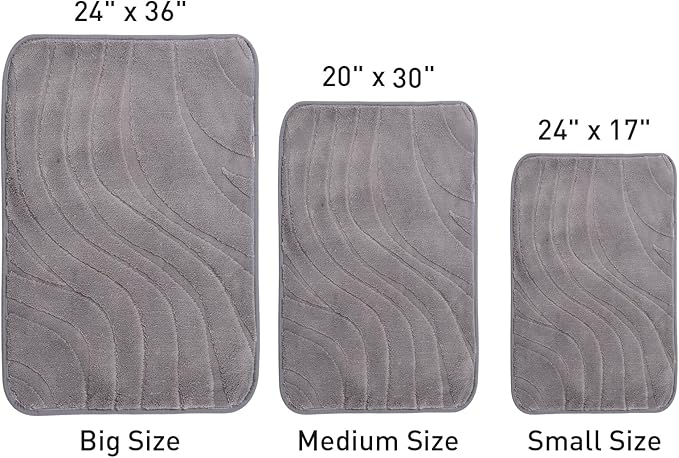 Bath Mats 30x20 Non-Slip Absorbent Bathroom Rug, Quick Dry Machine Washable Shower Tub Mat with Rubber Backing, Soft Floor Carpet for Bathroom Decor Wave Dark Grey