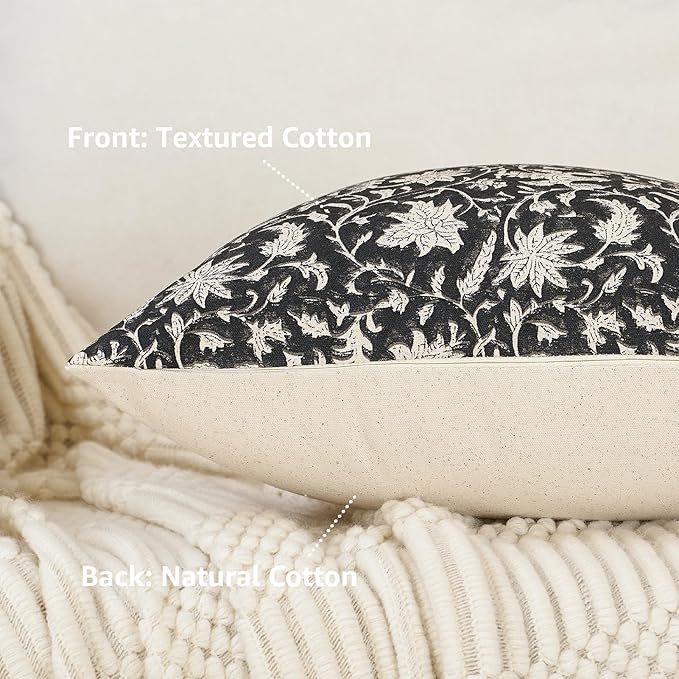 Floral Throw Pillow Covers 18x18 Farmhouse Block Print Pillow Covers Decorative Pillow Covers Couch Pillows for Living Room Vintage Accent Sofa Pillows Set of 2, Black