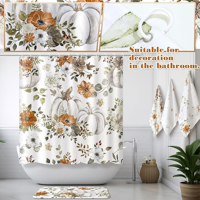 Newwiee 7 Pcs Fall Pumpkin Shower Curtain Sets Vintage Pumpkin Bathroom Set Thanksgiving Bathroom Curtain Shower Set Include Towels Non Slip Rugs Toilet Lid Cover Bath Mat(Autumn Pumpkins Flowers)