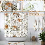 Newwiee 7 Pcs Fall Pumpkin Shower Curtain Sets Vintage Pumpkin Bathroom Set Thanksgiving Bathroom Curtain Shower Set Include Towels Non Slip Rugs Toilet Lid Cover Bath Mat(Autumn Pumpkins Flowers)