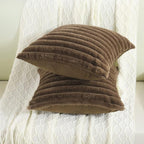FUTEI Tan Striped Decorative Throw Pillow Covers 16x16 Inch Set of 2,Square Winter Decorations Couch Pillow Case,Soft Cozy Faux Rabbit Fur & Velvet Back,Modern Home Decor for Bed