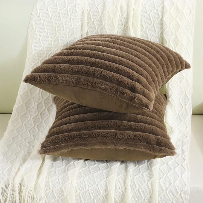 FUTEI Tan Striped Decorative Throw Pillow Covers 22x22 Inch Set of 2,Square Winter Decorations Couch Pillow Case,Soft Cozy Faux Rabbit Fur & Velvet Back,Modern Home Decor for Bed