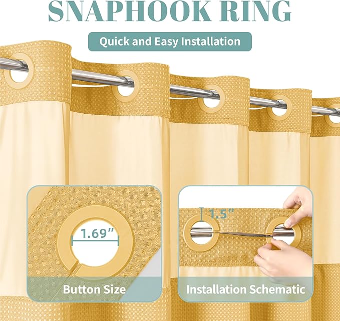 Gold No Hook Waffle Weave Shower Curtain with snap-in Liner Replacement, 230GSM Waterproof Fabric Hotel Shower Curtain Set for Bathroom, Through Mesh Top Window,71Wx77H