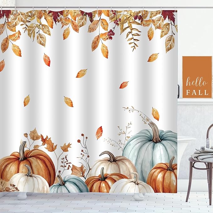 Fall Pumpkin Shower Curtain Autumn Leaves Harvest Thanksgiving Shower Curtains for Bathroom Waterproof Polyester Fabric Bathroom Curtain 72 x 72 Inch with 12 Hooks