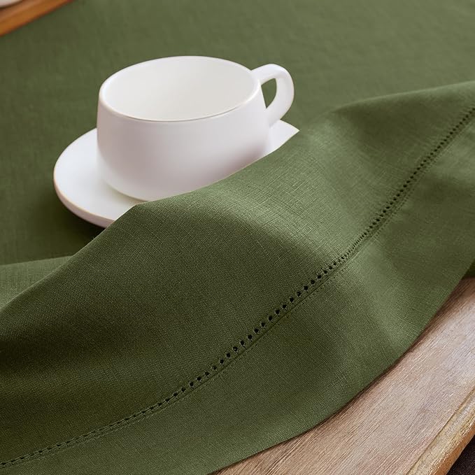 Solino Home Linen Olive Table Runner 90 Inches Long - 100% Pure Linen 14 x 90 Inch Table Runner for Fall, Autumn, Thanksgiving - Classic Hemstitch