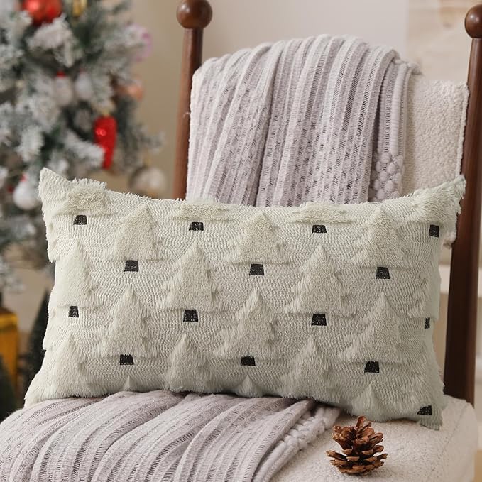 Christmas Pillow Covers 12x20 inch Set of 2 Christmas Decorations Soft Plush Faux Fur Wool Cream White Xmas Tree Throw Pillow Cases Winter Holiday Decor for Sofa Living Room PT-002D12