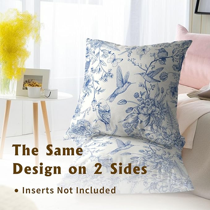 Blue Birds Flowers Pillow Covers 22X22 Inch Vintage Floral Linen Square Pillowscase Double Sided Asian Traditional Pattern Couch Cushion Cover for Home Bedroom Living Room Decor